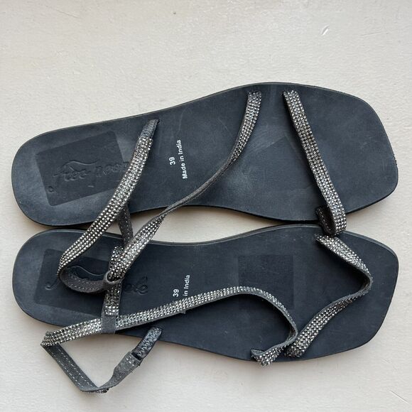 Free People Crystal Cove Black Leather Flat Sandal Rhinestone EU 39 US 8.5 - 9 - Picture 9 of 16